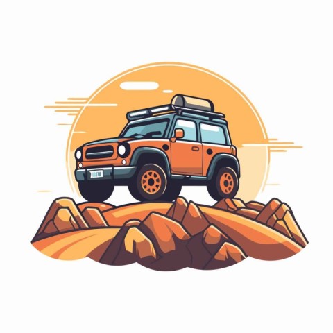 Off-road vehicle on the mountains. Vector illustration in flat s