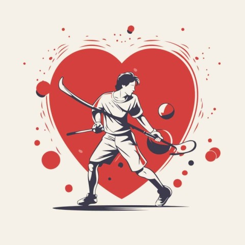 Tennis player with racket and ball on red heart background. vect