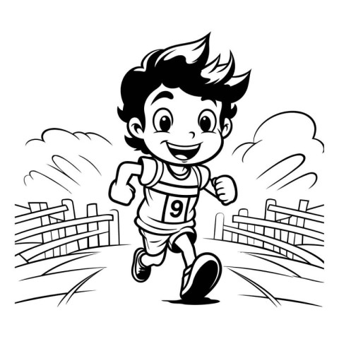 Illustration of a Kid Running in a Park - Black and White Cartoo