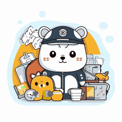 Cute cartoon dog in police uniform with tools. Vector illustrati