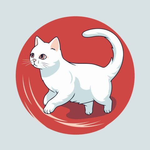 Cute white cat on a red round background. Vector illustration.