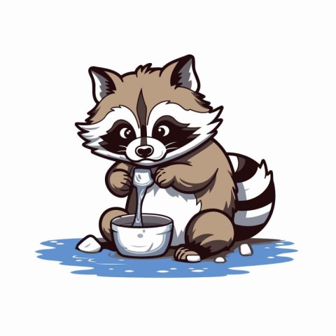 Cute raccoon drinking milk from a bowl. Vector illustration.