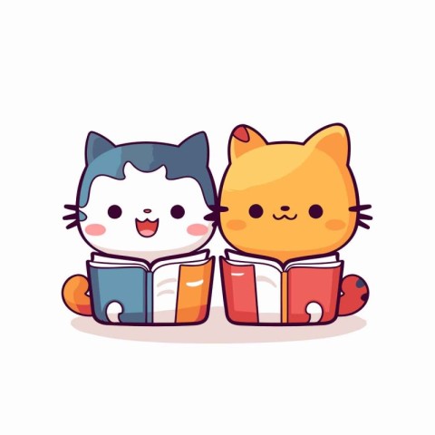 Cute cat and cat reading a book. Vector illustration on white ba