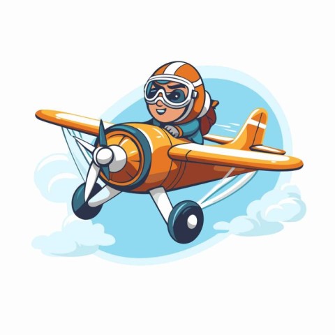 Cartoon aviator pilot with airplane in the sky. Vector illustrat