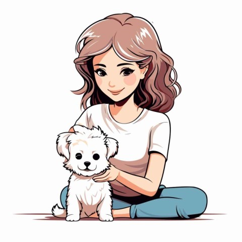 Beautiful young woman sitting with her dog. cartoon vector illus