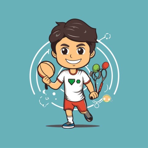 Cute boy playing tennis cartoon vector illustration. Cartoon boy