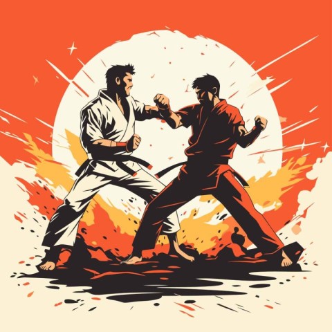 Two karate fighters fighting. Vintage vector illustration in ret