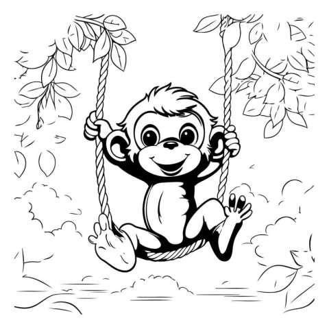 Monkey swinging on a swing. Vector illustration for coloring boo