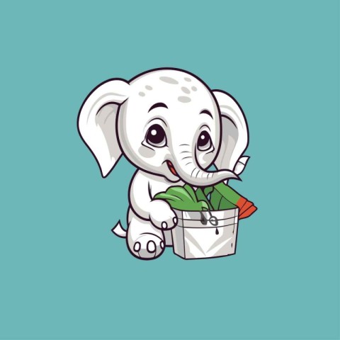 Cute cartoon elephant with a pot of plant. Vector illustration.