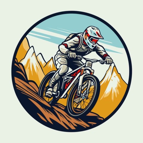 Mountain biker riding on the road in the mountains. vector illus