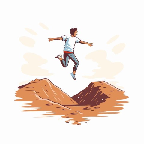 Young man jumping over a mountain. Vector illustration in cartoo