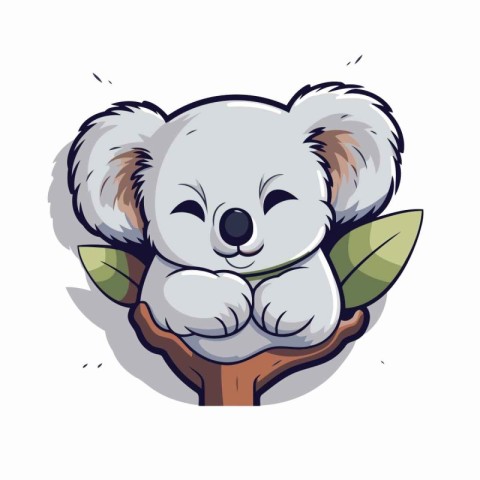 Cute koala cartoon on a branch with leaves. Vector illustration.