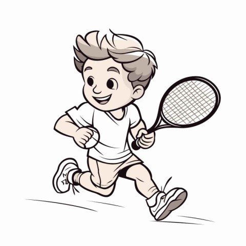 Cartoon boy playing tennis. Vector illustration isolated on whit