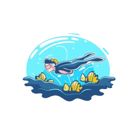 Vector illustration of a diver swimming in the sea. Cartoon styl