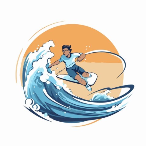 Surfer riding on the wave. Vector illustration in cartoon style.