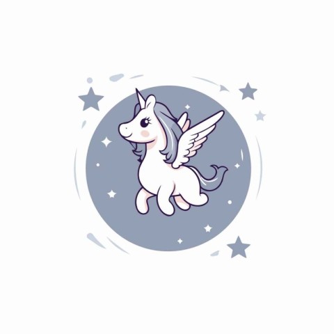 Cute cartoon unicorn with wings and stars. Vector illustration i