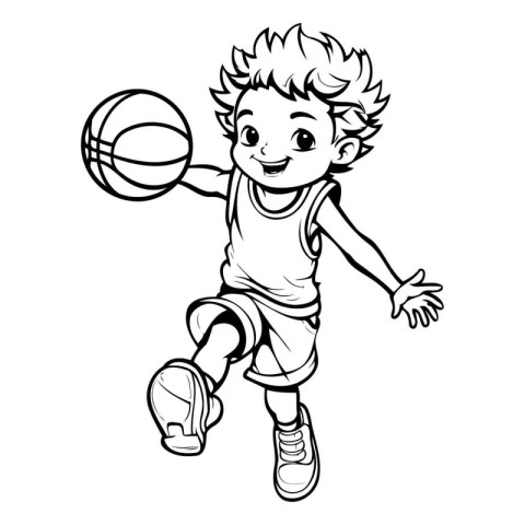 Boy playing basketball. Black and white vector illustration for