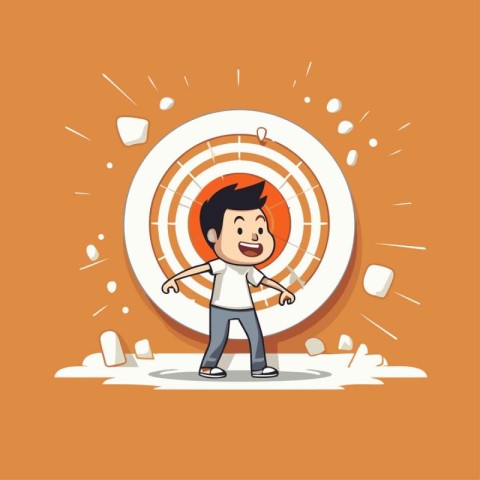 Cartoon boy playing with a target on orange background. Vector i