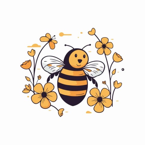 Cute cartoon bee with flowers. Vector illustration for your desi