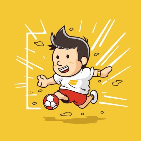 Cartoon soccer player running with ball on yellow background. Ve