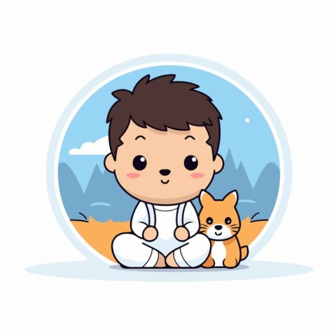 cute little boy with cat in the snow globe vector illustration d