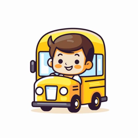 Happy schoolboy riding a school bus. Cute cartoon vector illustr