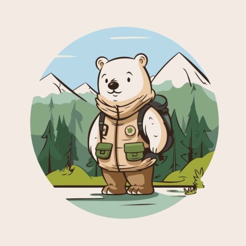 Polar bear with a backpack in the forest. Vector illustration.