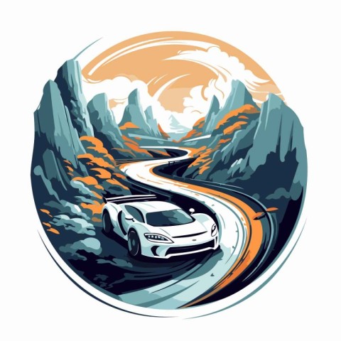 Car on the road in the mountains. Vector illustration in cartoon