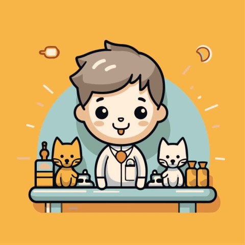 Cute boy playing with cat in the pet shop. Vector illustration.