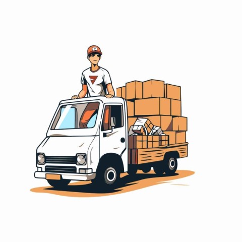 delivery man in uniform with boxes on the truck vector Illustrat