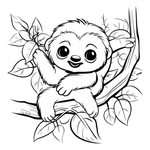 Cute cartoon sloth on the tree. Vector illustration for coloring