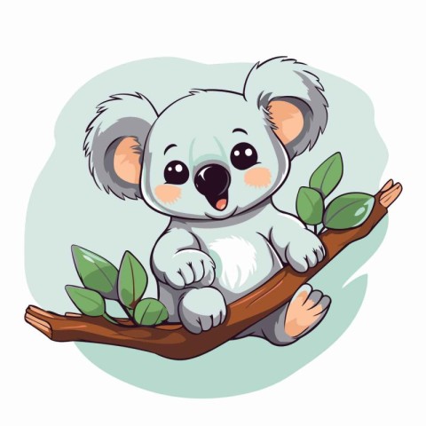 Cute cartoon koala sitting on a tree branch. Vector illustration