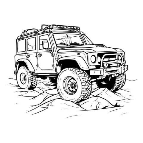 Off-road vehicle on the sand. Black and white vector illustratio