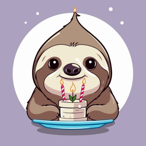 Cute cartoon sloth with birthday cake. Vector illustration of a