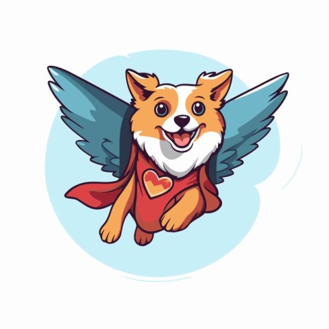 Cute cartoon welsh corgi dog with wings and hero cape.