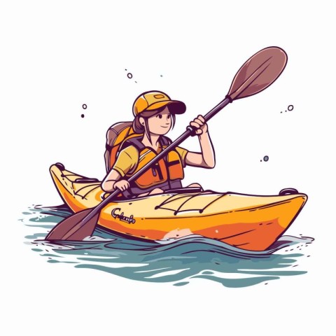 Cute boy in a kayak. Vector hand drawn illustration.