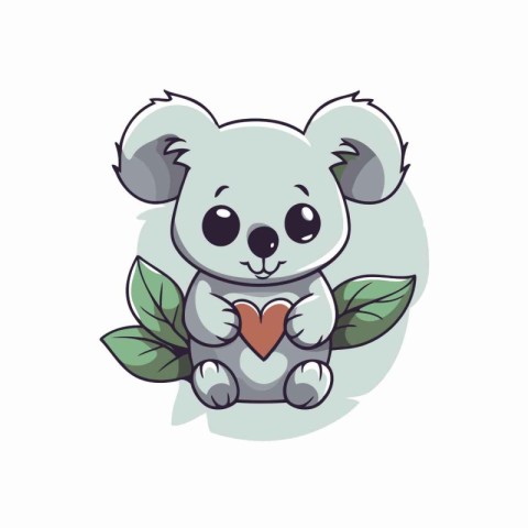 Cute koala with heart and leaves. Vector cartoon illustration.