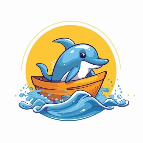 Cartoon dolphin in a boat. Vector illustration on white backgrou