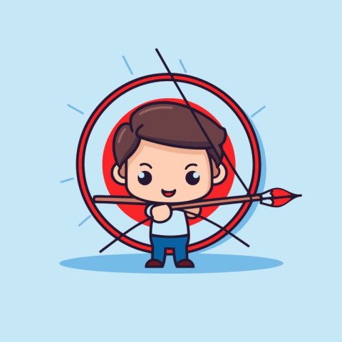 Cute boy aiming with a bow and arrow. Vector illustration.