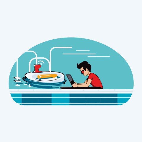 Man working on laptop in swimming pool. Vector illustration in f