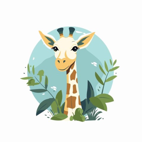 Giraffe vector illustration. Cute cartoon giraffe with green lea