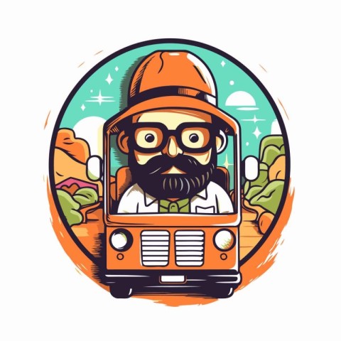 Vector illustration of hipster bus driver with beard. glasses an