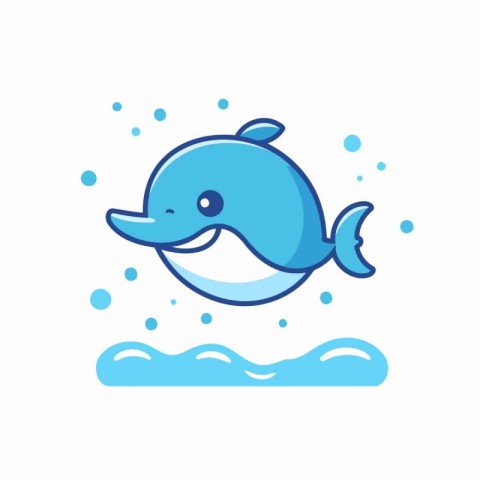 Cute cartoon dolphin swimming in the sea. vector line icon.