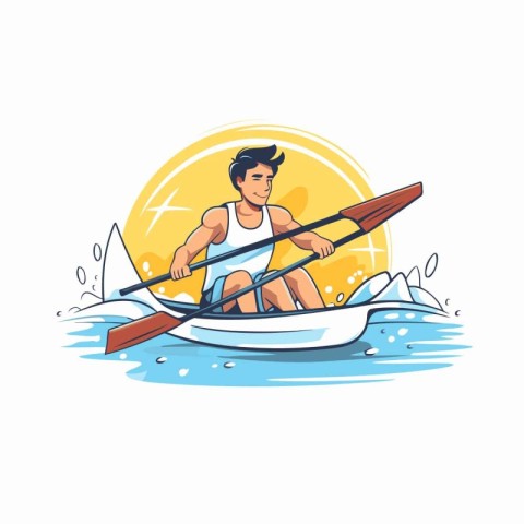 Young man rowing on a boat in the sea. Vector illustration.