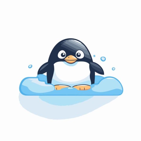 Cute cartoon penguin sitting on the ice. Vector illustration.