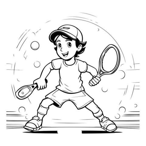 Black and White Cartoon Illustration of Kid Playing Tennis Color