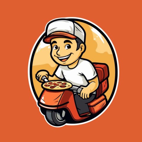 Illustration of a pizza delivery boy riding a motorcycle viewed