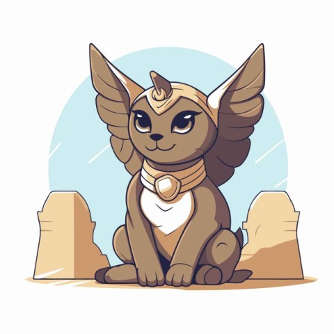 Cute cartoon sphinx sitting in the desert. Vector illustration.