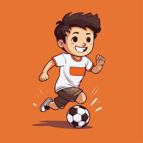 Cartoon boy kicking a soccer ball. Vector illustration isolated