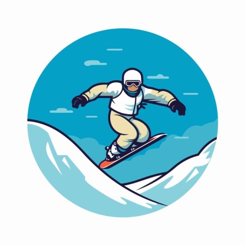 Snowboarder jumping on snowboard. Vector illustration in retro s